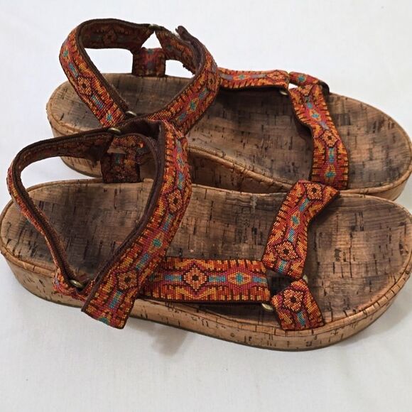 BORN SHOES SIRENA PLATFORM CORK SANDAL BROWN/BLUE MULTI SIZE 8 LIKE NEW - Picture 1 of 8